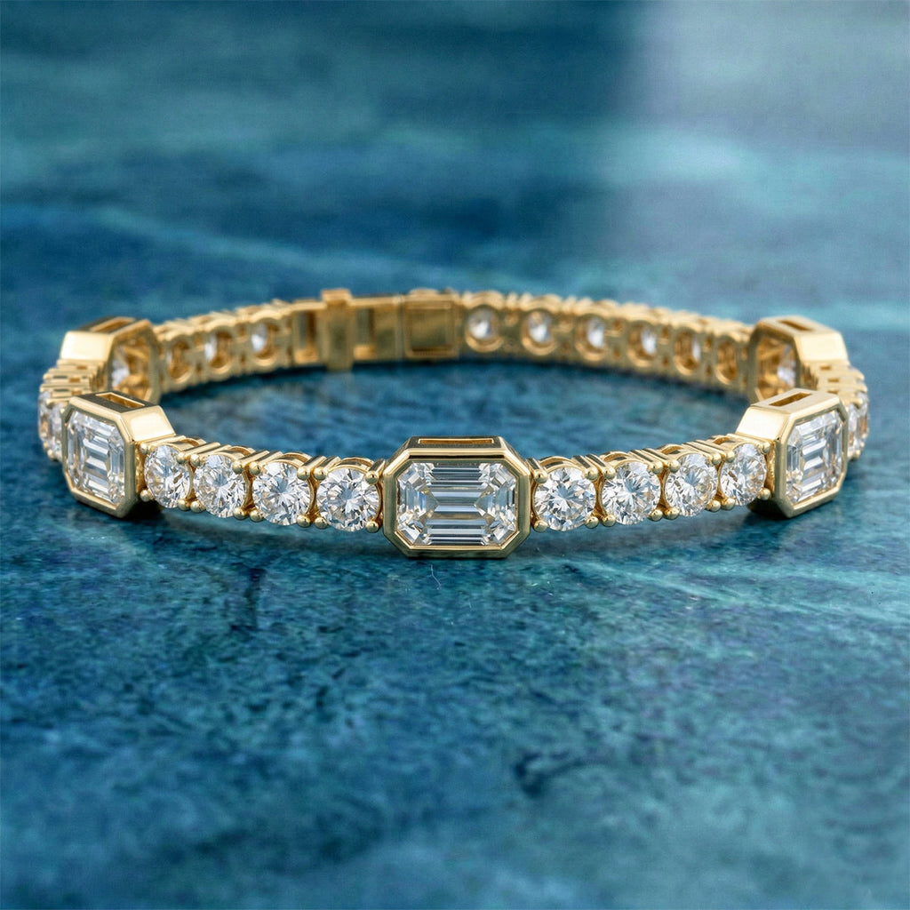 4.13 Carat 14K Gold Emerald and Round Cut Mixed Link Bracelet