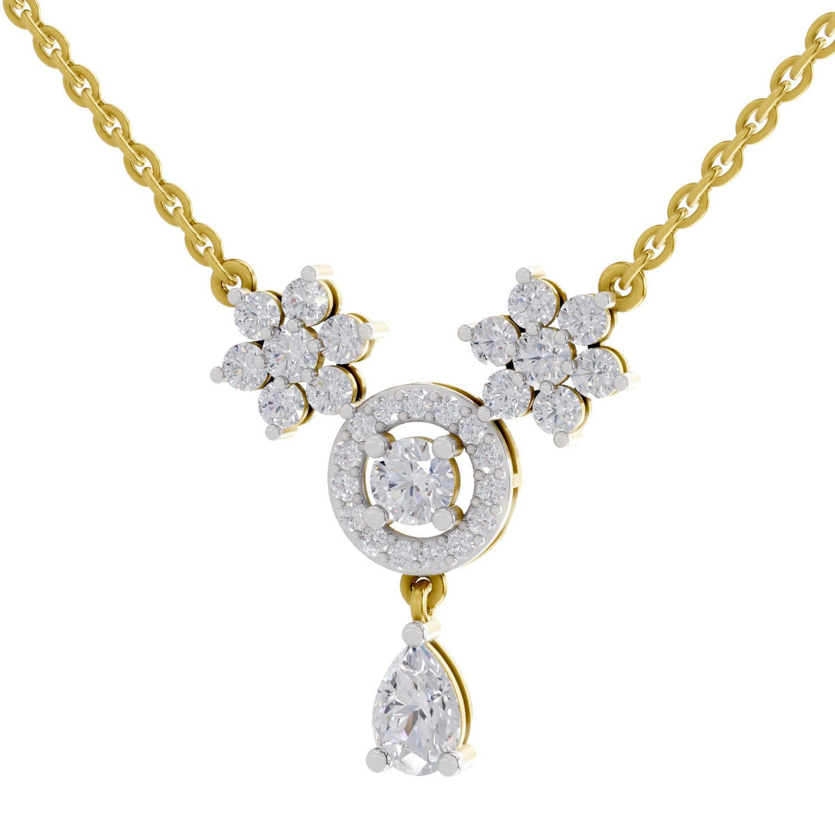 1.48 Carat Pear Floral Cluster Drop Diamond Necklace 14K