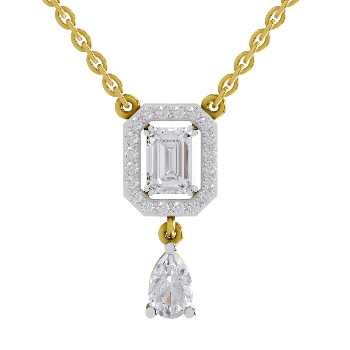 1.32 Carat Emerald Shape Halo Drop Diamond Necklace 14K