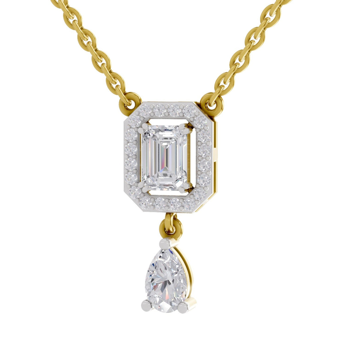 1.32 Carat Emerald Shape Halo Drop Diamond Necklace 14K