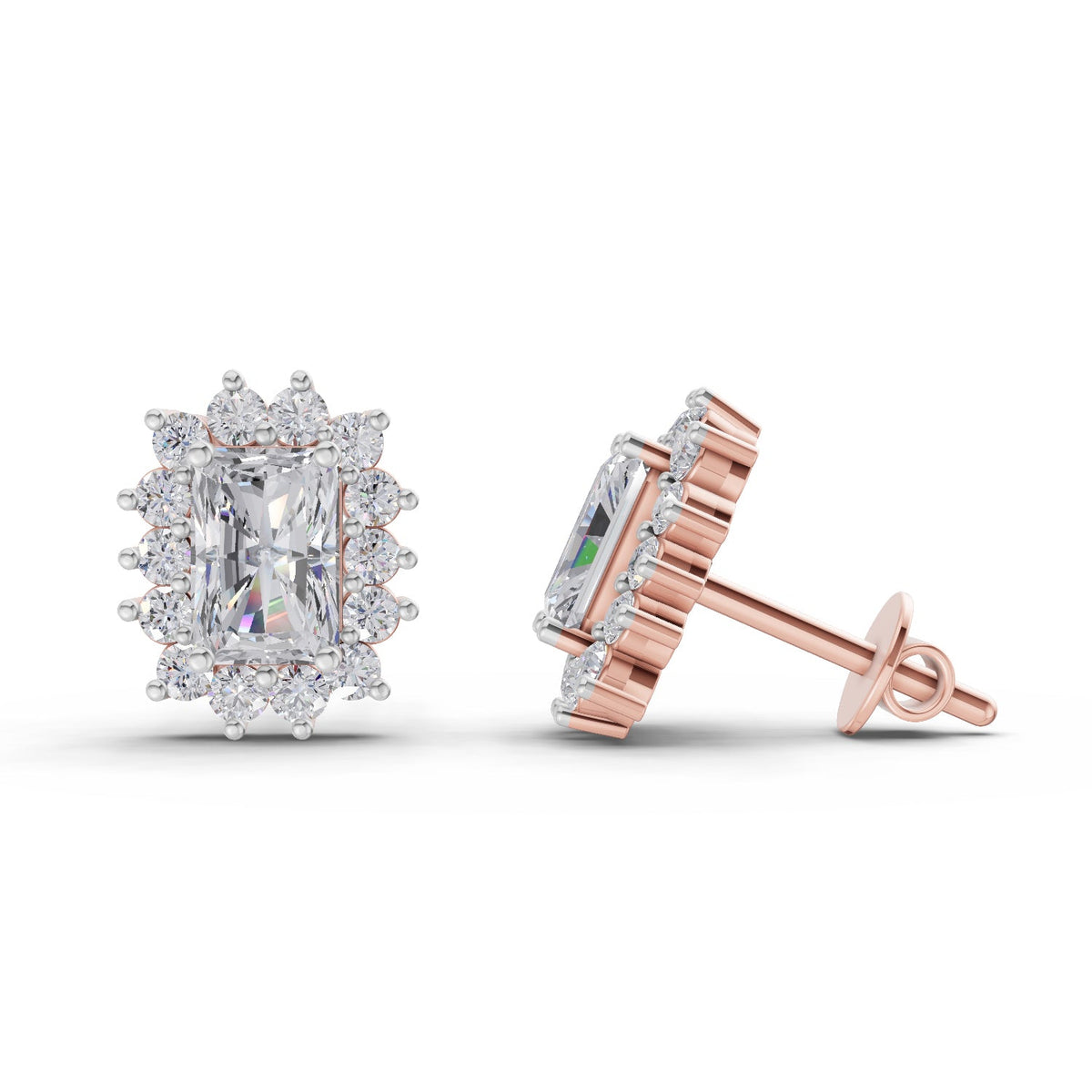 Gleaming Emerald-Cut Halo Diamond Stud Earrings