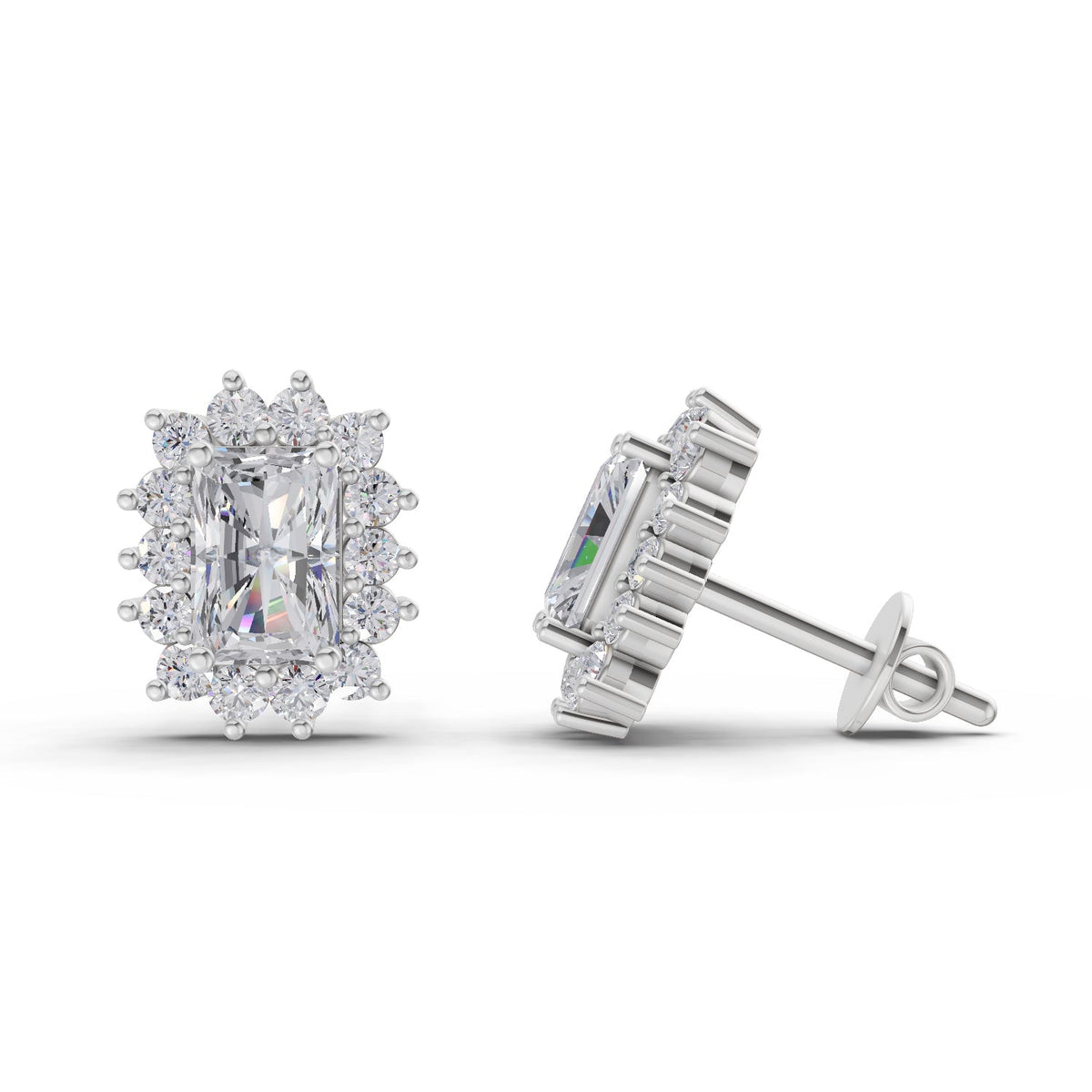 Gleaming Emerald-Cut Halo Diamond Stud Earrings