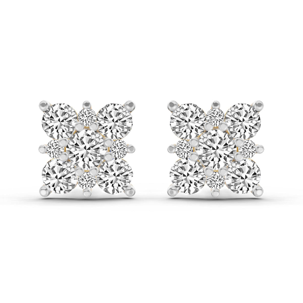 1.07 Carat Round Cluster Square Shape Earrings 14K