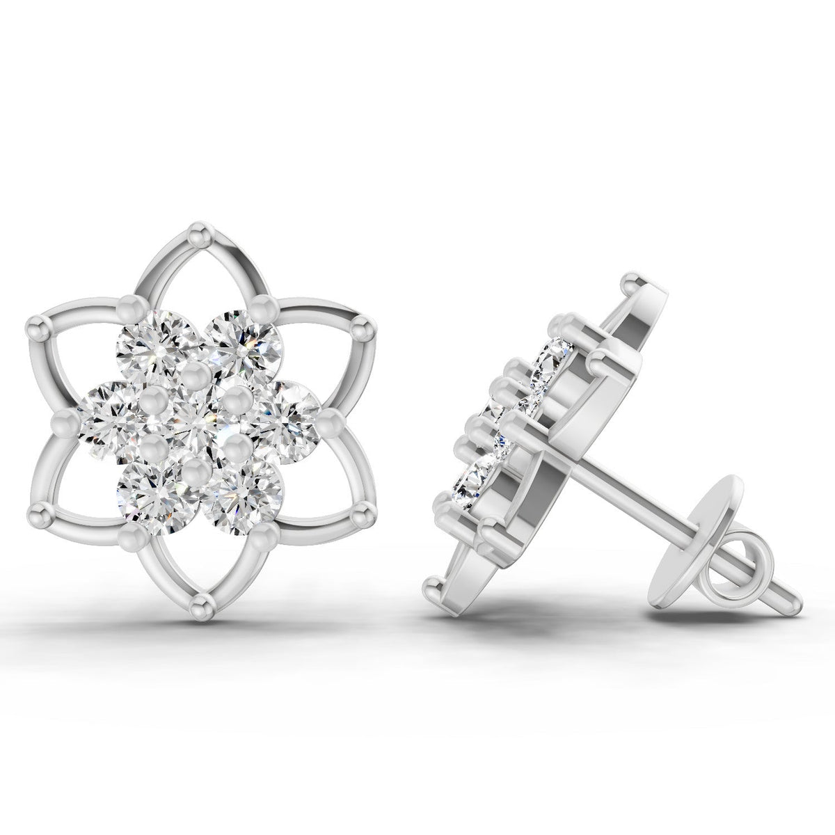 1.09 Carat Round Lotus Flower Style Earrings 14K - White Gold