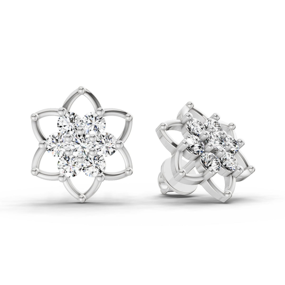 1.09 Carat Round Lotus Flower Style Earrings 14K - White Gold