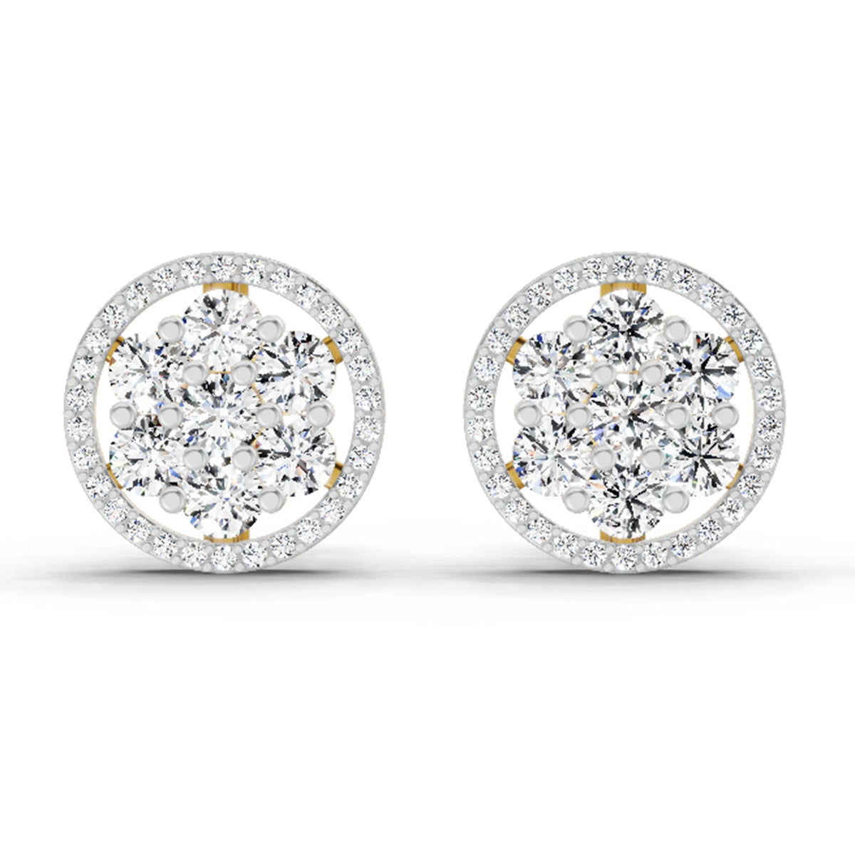 1.78 Carat Round Halo Cluster Stud Earrings 14K