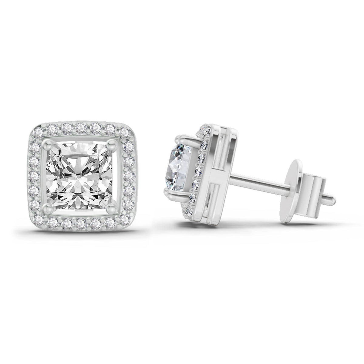 Elegant Princess-Cut Halo Diamond Stud Earrings