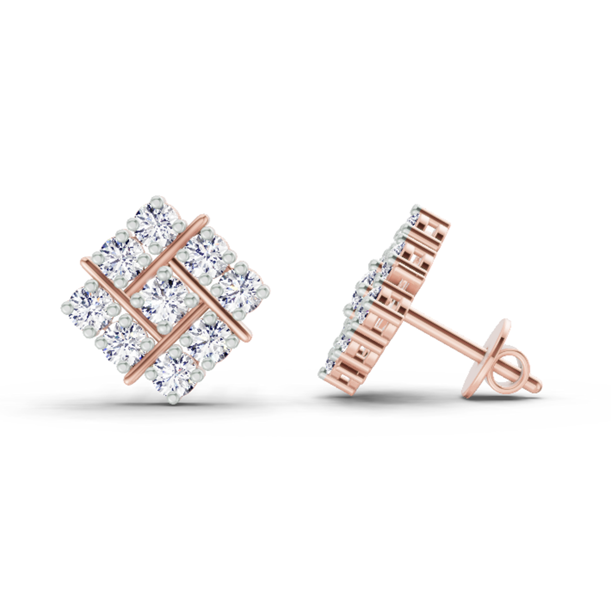 Graceful Square Cluster Diamond Stud Earrings