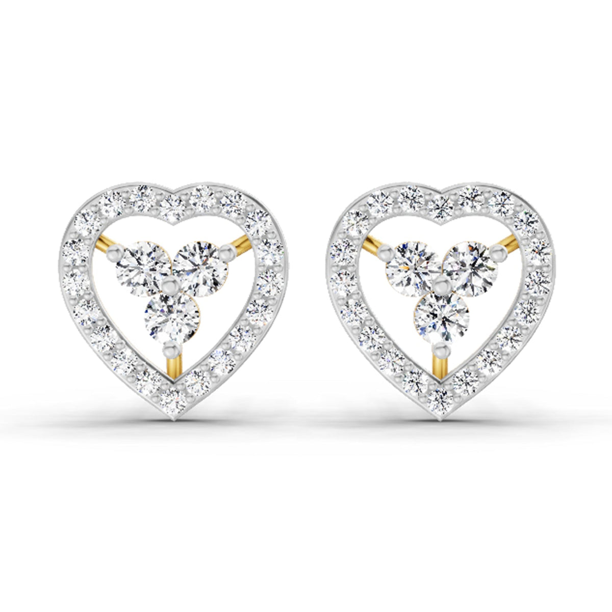 0.63 Carat Heart Shape 3 Stone Diamond Stud Earrings 14K