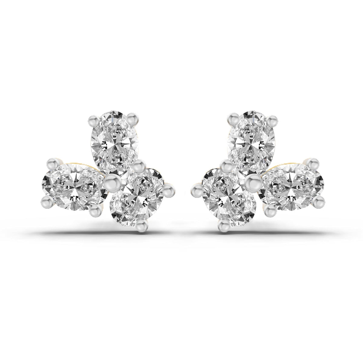 1 Carat Oval Shape 3 Stone Diamond Stud Earrings 14K